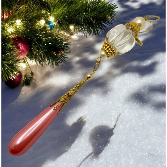 Elegant Pink and Gold Tone Christmas Tree Ornament Drop Dangle with Gold Accents - Picture 1 of 6